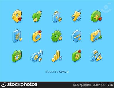 Set of social media isometric icons, smm 3d symbols map pin, like heart, padlock and stars. Cloud storage, document and cogwheel, speech bubble, media file, photo camera, key or wifi, Vector signs. Set of social media isometric icons smm 3d symbols