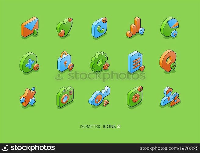 Set of social media isometric icons, smm and business 3d symbols map pin, envelope, chart and like heart, padlock and stars. Document, cogwheel, media file and photo camera, key or wifi, Vector signs. Set of social media isometric icons smm 3d symbols