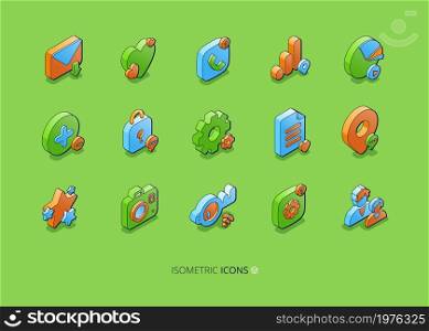 Set of social media isometric icons, smm and business 3d symbols map pin, envelope, chart and like heart, padlock and stars. Document, cogwheel, media file and photo camera, key or wifi, Vector signs. Set of social media isometric icons smm 3d symbols
