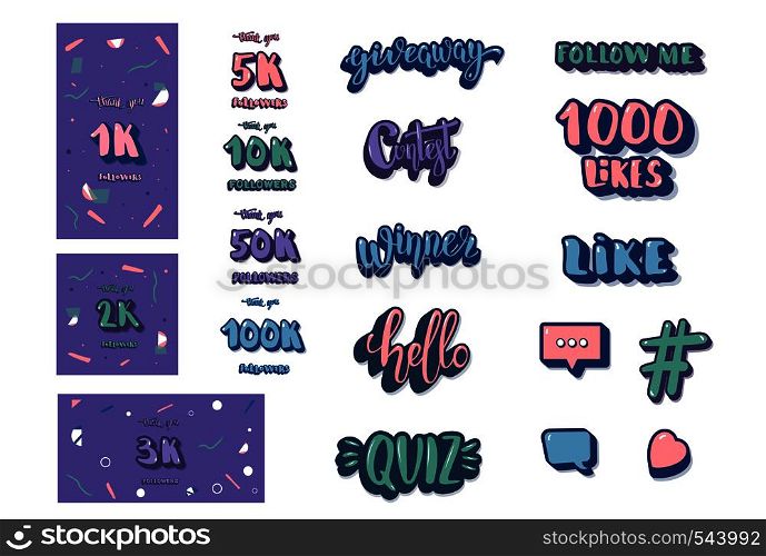 Set of social media templates and elements. Banners and decoration for internet networks. 1K, 2K, 3K, 5K, 10K, 50K, 100K followers thank you congratulation posts. Vector illustration.