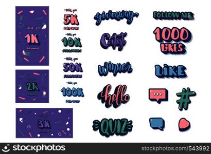 Set of social media templates and elements. Banners and decoration for internet networks. 1K, 2K, 3K, 5K, 10K, 50K, 100K followers thank you congratulation posts. Vector illustration.