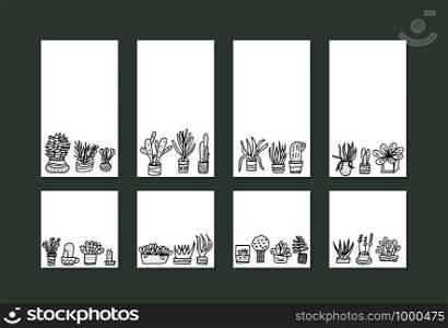 Set of social media templates of succulents in doodle style. Set of house plants. Backgrounds for stories and posts. Vector color illustration.