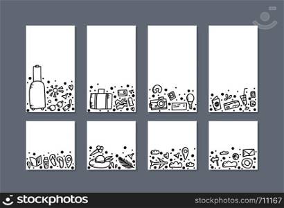 Set of social media templates of travel symbols in doodle style. Collection of handdrawn elements in doodle style. Backgrounds for stories and posts.