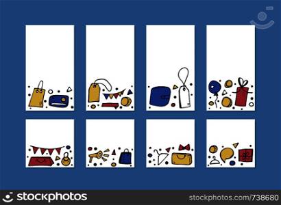 Set of social media templates of vector sale objects. Collection of promo items in doodle style. Vector backgrounds for stories and posts for advertising.
