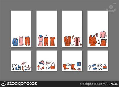 Set of social media templates of woman clothes and accessories set. Collection of female fashion symbols. Backgrounds for stories and posts. Vector illustration.