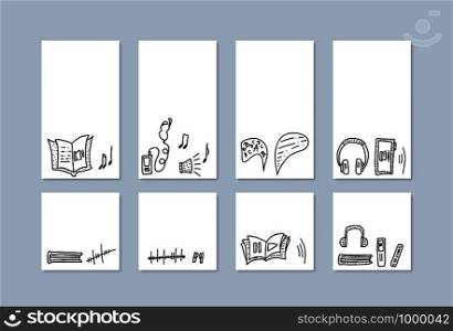 Set of social media templates with audiobooks concept. Set of audio book symbols. Backgrounds for stories and posts. Vector illustration.