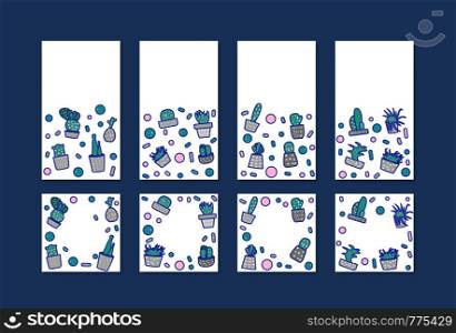 Set of social media templates with cactuses. Houseplant compositions for networks in doodle style. Backgrounds for story and post. Vector illustration.