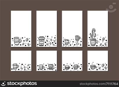 Set of social media templates with coffe mugs. Collection of cups with hot beverage in doodle style. Backgrounds templates for stories and posts. Vector illustration.