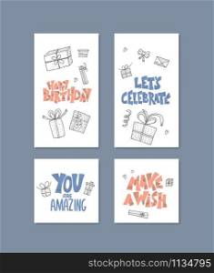 Set of social media templates with Happy Birthday lettering and decoration. Backgrounds for stories and posts. Vector illustration.
