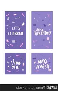 Set of social media templates with Happy Birthday lettering and decoration. Backgrounds for stories and posts. Vector illustration.