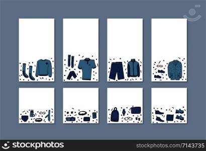 Set of social media templates with men apparel and accessories set in doodle style. Collection of male clothes, shoes isolated on white background. Vector illustration.