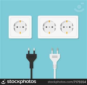 Set of socket and white and black plugs. Home electricy power. disconnect cables on blue background. EPS 10