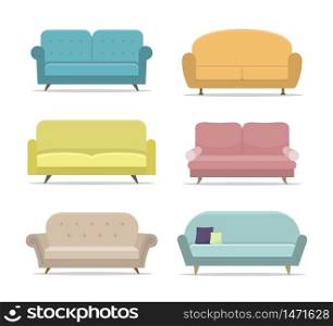 Set of sofa or couch. Flat house sofas on isolated background. Apartment furniture, office. Collection of divan for room interior. Armchair for lounge. Modern cartoon couch. Design vector illustration. Set of sofa or couch. Flat house sofas on isolated background. Apartment furniture, office. Collection of divan for room interior. Armchair for lounge. Modern cartoon couch. vector illustration