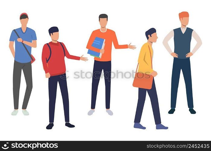 Set of software engineering students. Group of male office managers coming to office. Vector illustration can be used for promo, video presentation, brochure. Set of software engineering students