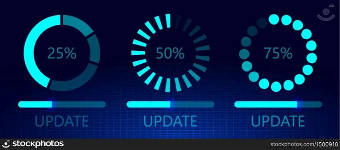 Set of software update on cyberspace. Loading process concept. Upgrade application progress icons. Flat vector on dark blue background for web, landing page, apps.. Set of software update on cyberspace. Loading process concept. Upgrade application progress icons