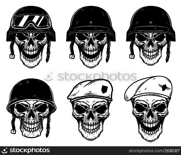 Set of soldier skulls in paratrooper beret, tactical helmet. Design element for logo, label, emblem, sign, poster, t shirt. Vector image