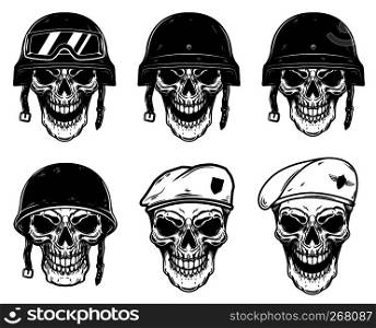 Set of soldier skulls in paratrooper beret, tactical helmet. Design element for logo, label, emblem, sign, poster, t shirt. Vector image