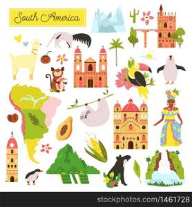 Set of South American animals and famous natural landmarks. Big vector bundle of flat icons. Set of South American animals and famous natural objects, landmarks