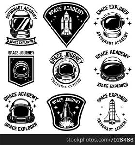 Set of space camp label templates. Design element for logo, label, sign, poster, t shirt. Vector illustration
