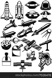 Set of space design elements. Space shuttle, ufo, rocket, spaceman, planet. For logo, label, sign, banner. Vector illustration