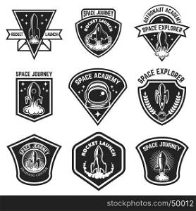 Set of Space labels. Rocket launch, astronaut academy. Design elements for logo, label, emblem, sign. Vector illustration