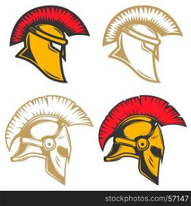 Set of spartan helmets. Design elements for label, emblem, sign, brand mark. Vector illustration