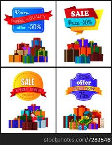 Set of special price exclusive discount posters vector illustration with promotion cards with colorful stickers, ad text, cute gifts isolated on white. Set of Special Price Exclusive Discount Posters