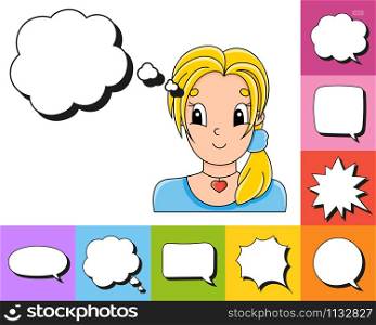 Set of speech bubbles of different shapes. With a cute cartoon character. Beautiful cute fashionable girl with jewelry. Vector illustration. Comic style.