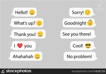 Set of speech bubbles with different words and emoji SMS. Communication in social media concept. Chat emoji Isolated on white background. Vector stock