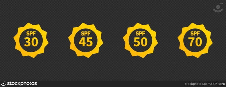 Set of SPF sun protection icons, labels or stickers. Icons for sunscreen or tan products and skin cosmetics. Vector on isolated white background. EPS 10