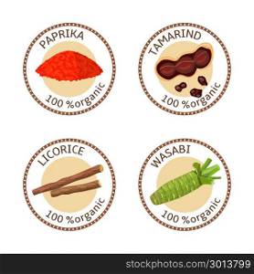 Set of spices labels. 100 organic. collection. Set of herbs labels. 100 organic. Spice collection. Vector illustration. Paprika, tamarind, licorice wasabi Brown stamps