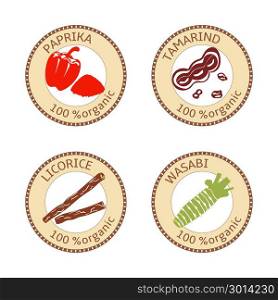 Set of spices labels. 100 organic. collection. Set of herbs labels. 100 organic. Spice collection. Vector illustration. tamarind, paprika, wasabi, licorice Brown stamps flat style Icon collection