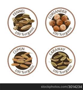 Set of spices labels. 100 organic. collection. Set of herbs labels. 100 organic. Spice collection. Vector illustration. Fennel, coriander, caraway cumin Brown stamps