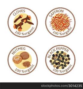 Set of spices labels. 100 organic. collection. Set of herbs labels. 100 organic. Spice collection. Vector illustration. Cloves, black pepper, nutmeg, saffron Brown stamps. Round emblem for cosmetics, restaurant, health care store, logo price tag