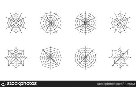 Set of spider web isolated on white background. Halloween spiderweb elements. Collection cobweb line style. Vector illustration for any design.