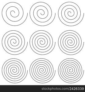 Set of spirals with different number of turns of scroll, vector simple helix spiral round turns gyre