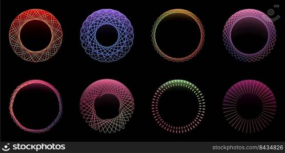 Set of spirograph effect circles spiral elements isolated on black background. Vector illustration