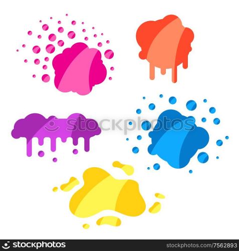 Set of splashes, spots and drops. Happy Holi colorful decorations.. Set of splashes, spots and drops.