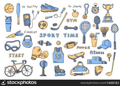 Set of sport elements with lettering. Funny doodle hand drawn vector illustration. Cute cartoon colorful collection, isolated on white.
