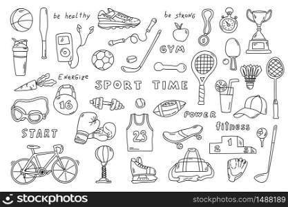 Set of sport elements with lettering. Funny doodle hand drawn vector illustration. Cute cartoon black and white collection, isolated on white.
