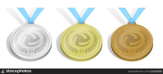 set of sport volleyball medals emblem with ball in laurel wreath for competition. Gold, silver and bronze award with blue ribbon. 3d vector