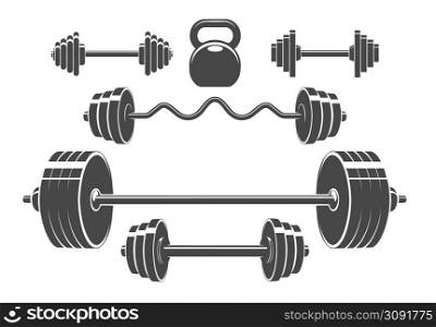 Set of sport weights for bodybuilding, fitness and weightlifting isolated on white background. Fitness dumbbell kettlebell and barbell weightlifting set