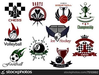 Set of sporting emblems or icons representing different sports and championships. Chess, darts, golf, basketball, volleyball, ice hockey, bowling, pool, soccer and football icons included. Set of sporting emblems and icons