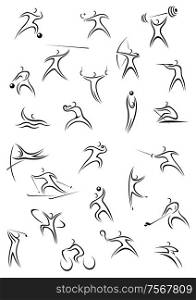 Set of sporting vector sketch line drawing character icons depicting men in action in a wide variety of sports