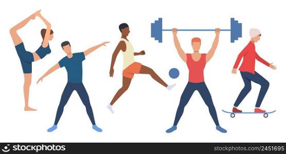 Set of sportive people. Group of athletic multiethnic people training in gym and outdoors. Vector illustration can be used for hobby, brochure, fitness. Set of sportive people