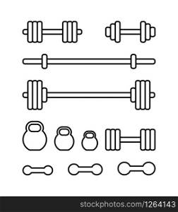 Set of sports equipment for gym. Barbell, kettlebell, barbell bar and dumbbell in linear style isolated on white background. Barbell icons set for web design. Sports equipment in a modern simple flat design. Vector illustration.
