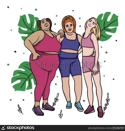 Set of sports girls with a thin and fat figures