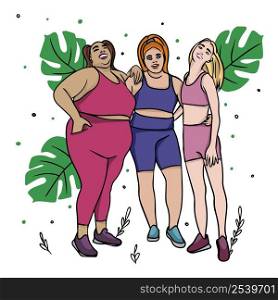 Set of sports girls with a thin and fat figures