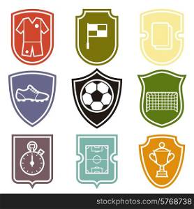 Set of sports labels with soccer football symbols in flat style.