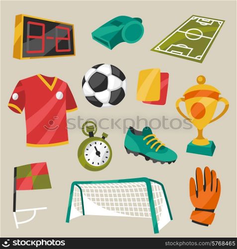 Set of sports soccer football symbols in cartoon style.